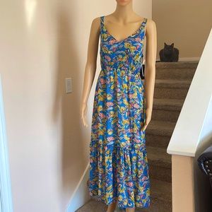 NWT Black Tape Strapped Multicolored Smoked at Waist, Flounce Hem Dress, Size M.